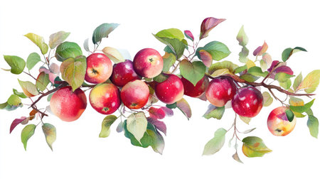 Lush apple tree branch with ripe red fruit and vibrant green leaves, presented on a white backgroundの素材