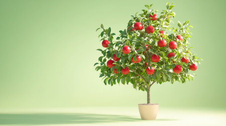 Apple tree in digital 3D style with detailed red apples, placed against a tranquil green background for a modern nature lookの素材