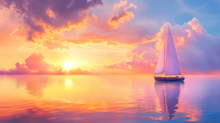 Peaceful sunset on icy water, sailboat gliding slowly under glowing clouds and golden lightの素材