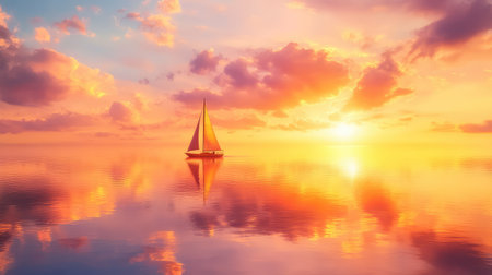 Peaceful sunset on icy water, sailboat gliding slowly under glowing clouds and golden lightの素材