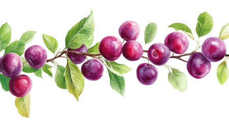 A branch of deep purple plums paired with vibrant leaves, symbolizing freshness and growth in a fertile orchardの素材