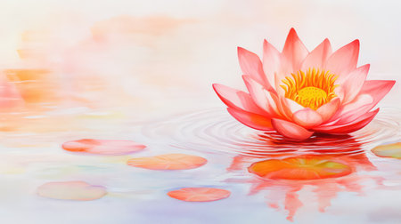 A radiant orange lotus blooming in calm pond water, surrounded by gentle ripples and soft reflections, evoking serenityの素材