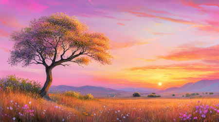 A moonlit savanna at sunset, glowing sky behind a tall acacia tree, evoking calm and quiet wilderness beautyの素材