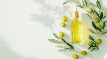 Close-up of green olives with leaves and a golden bottle of oil, arranged simply on white to evoke Mediterranean purityの素材