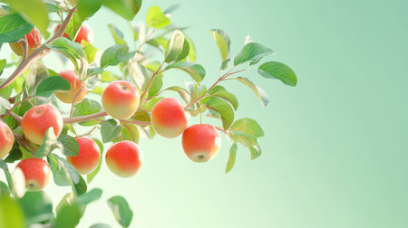Apple tree in full fruit, digitally rendered with detailed leaves and apples against a calm green backdropの素材