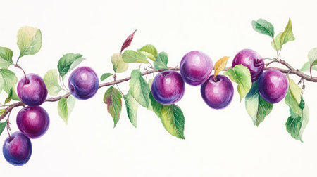 A branch of deep purple plums paired with vibrant leaves, symbolizing freshness and growth in a fertile orchardの素材