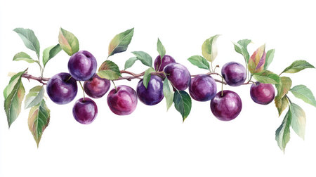 A branch of deep purple plums paired with vibrant leaves, symbolizing freshness and growth in a fertile orchardの素材