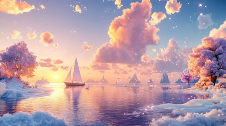 A dreamy seascape with frozen waters, glowing skies, and a sailboat drifting slowly at sunsetの素材