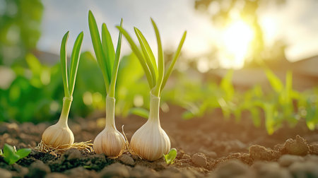 Detail shot of garlic with shoots emerging, symbolizing fresh starts, vitality, and organic resilienceの素材