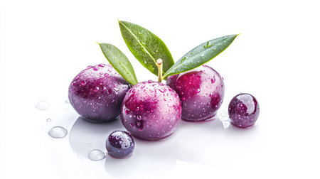 Glossy olives with droplets and natural leaves, isolated on white for a fresh and pure food conceptの素材