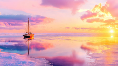 Evening light reflects on the frozen ocean, a classic sailboat sits quietly on the glowing horizonの素材