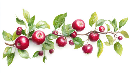 A branch of an apple tree featuring shiny red apples and crisp green leaves, isolated on white for a clean, natural lookの素材