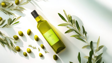 A bottle of fresh olive oil next to green olives and leaves, presented on white for a clean, organic themeの素材