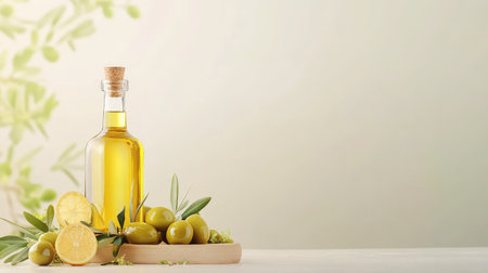 Green olives and a glass bottle of golden olive oil arranged simply on white, highlighting purity and freshnessの素材