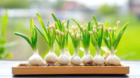 Freshly sprouting garlic bulbs arranged naturally, representing purity, growth, and transformationの素材