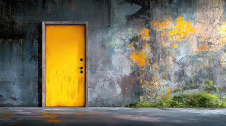 Faded yellow door on a grey, moldy wall in a long-abandoned structure, powerful texture and color contrast for gritty realismの素材