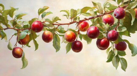 Juicy plums and crisp leaves on a sunlit branch, portraying a lush and well-maintained gardenの素材