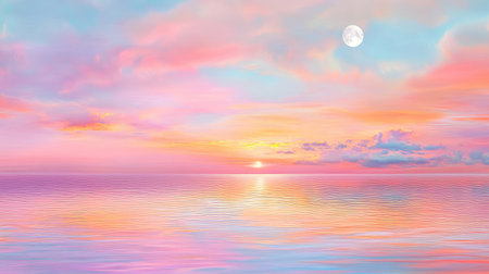 Gentle tide meets a pastel sunset sky, with a full moon casting silver reflections on tranquil watersの素材