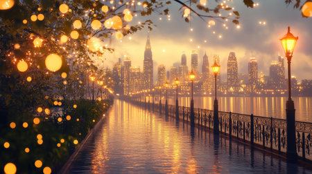 Early morning glow paints city buildings gold, peaceful promenade with glowing street lamps frames a glassy harborの素材