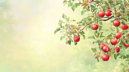 Apple tree in full fruit, digitally rendered with detailed leaves and apples against a calm green backdropの素材