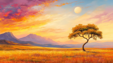 Evening on the savanna, with golden hues and a moonlit sky framing the iconic shape of a lone acacia treeの素材