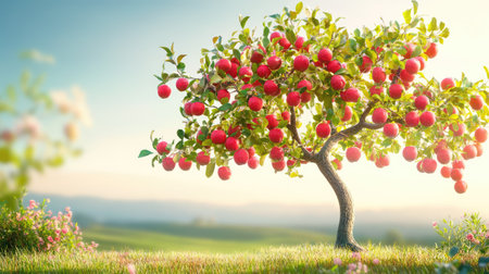 Apple tree in digital 3D style with detailed red apples, placed against a tranquil green background for a modern nature lookの素材