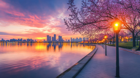 Still waters mirror a glowing skyline, sunrise adds warmth to streetlights and promenade in a peaceful city sceneの素材