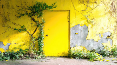 Close-up of a sun-faded yellow door set in cracked, mossy walls of an abandoned building, evoking urban decay and mysteryの素材