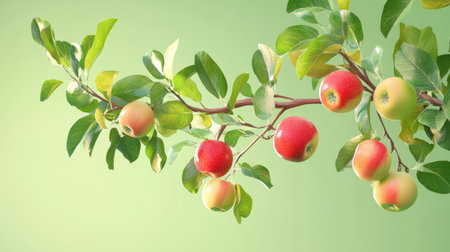 Apple tree in full fruit, digitally rendered with detailed leaves and apples against a calm green backdropの素材