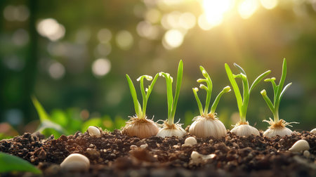 Fresh garlic cloves sprouting green shoots, representing natural growth and seasonal cycles of lifeの素材