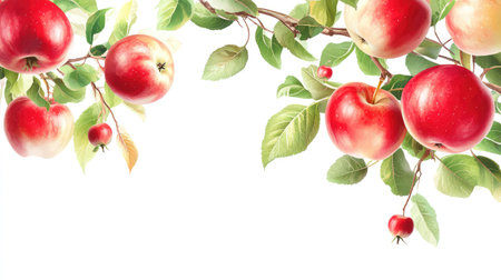 Natural apple tree detail with ripe red apples, green leaves, and isolated white space for versatile visual useの素材