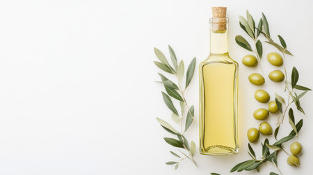 Fresh green olives with natural leaves beside a bottle of premium olive oil, isolated on white for a clean lookの素材