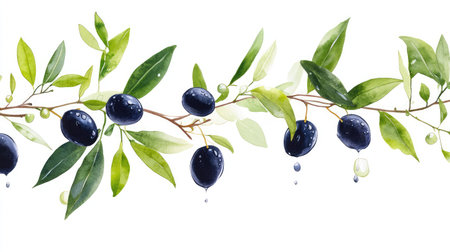 Fresh black olives with water droplets and green leaves, isolated on a white background to highlight their textureの素材