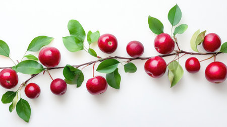 Apple branch with colorful red fruit and detailed foliage, shown on a stark white backdrop for maximum contrastの素材