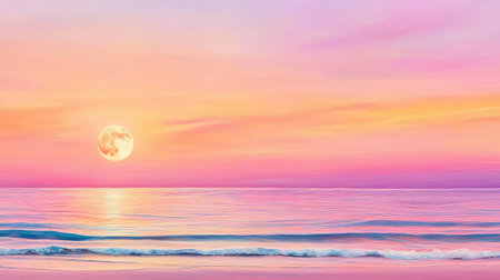Ocean horizon painted with pink sunset tones and a rising full moon, a moment of peace and coastal calmの素材