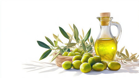 Minimalist composition of green olives and olive oil bottle, arranged on white to emphasize simplicity and healthの素材