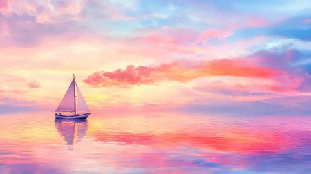 Icy sea bathed in sunset hues, a small sailboat glides toward the horizon under a pastel-colored skyの素材