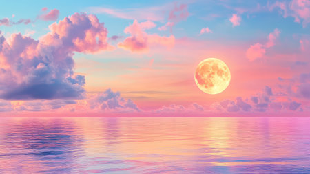 Romantic seascape with a glowing full moon and sunset colors blending softly over calm ocean waterの素材