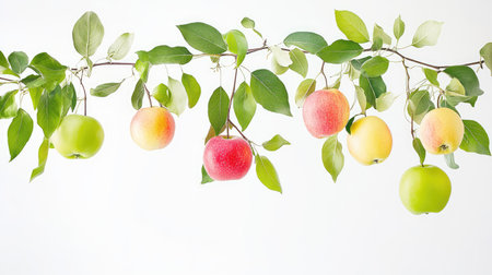 Ripe apples and lush leaves suspended on a clean white background, highlighting freshness and organic formの素材
