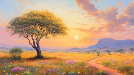 Iconic African landscape with golden light, acacia tree standing proudly under a twilight moonの素材