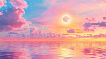 Romantic seascape with a glowing full moon and sunset colors blending softly over calm ocean waterの素材