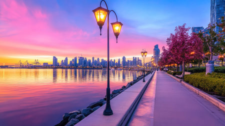 Radiant light spills across the city skyline at dawn, serene waters and a lamplit promenade offer calm urban beautyの素材