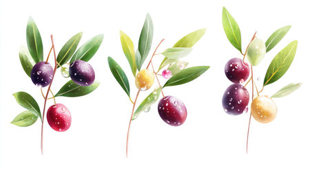 Glossy olives with droplets and natural leaves, isolated on white for a fresh and pure food conceptの素材