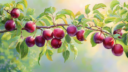 Juicy plums and crisp leaves on a sunlit branch, portraying a lush and well-maintained gardenの素材