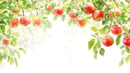 Natural apple tree detail with ripe red apples, green leaves, and isolated white space for versatile visual useの素材