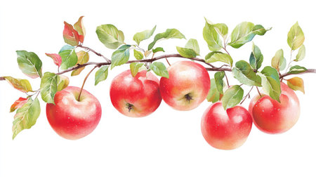 Glossy red apples hanging from a leafy tree branch, isolated against a white background for clarity and contrastの素材