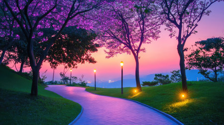 Serene park pathway illuminated by gentle LED lights, soft violet hues in the sky mark a peaceful twilightの素材
