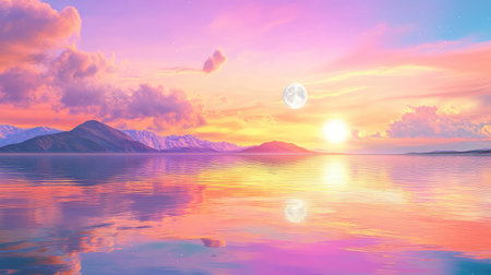 Gentle tide meets a pastel sunset sky, with a full moon casting silver reflections on tranquil watersの素材