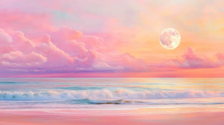 Gentle waves reflect soft pink hues at sunset, with a full moon rising over the calm ocean in a peaceful beach sceneの素材