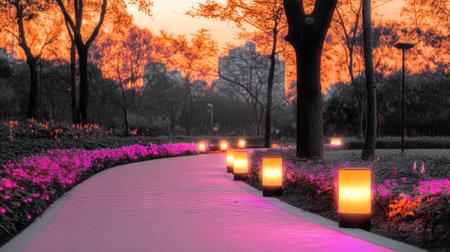 Peaceful evening in the park with glowing LED lamps along the path, purple twilight sky adds a dreamy feelの素材